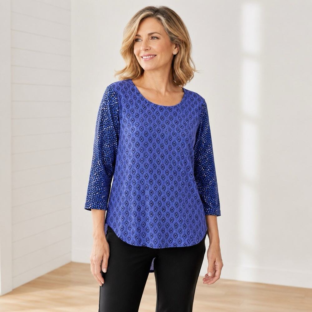 Escape by Habitat Top Small Blue Patterned Round neck 3/4 Sleeve Pullover